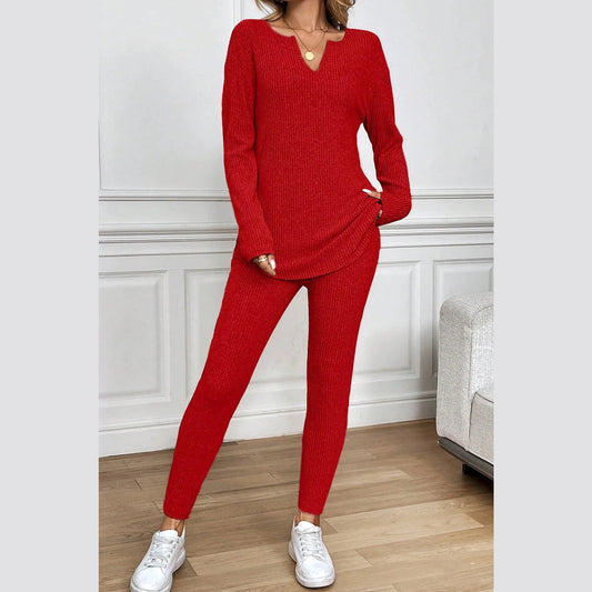 Kirky Red Ribbed Notched Neck Knit Long Sleeve Leggings Two Pieces Lounge Set