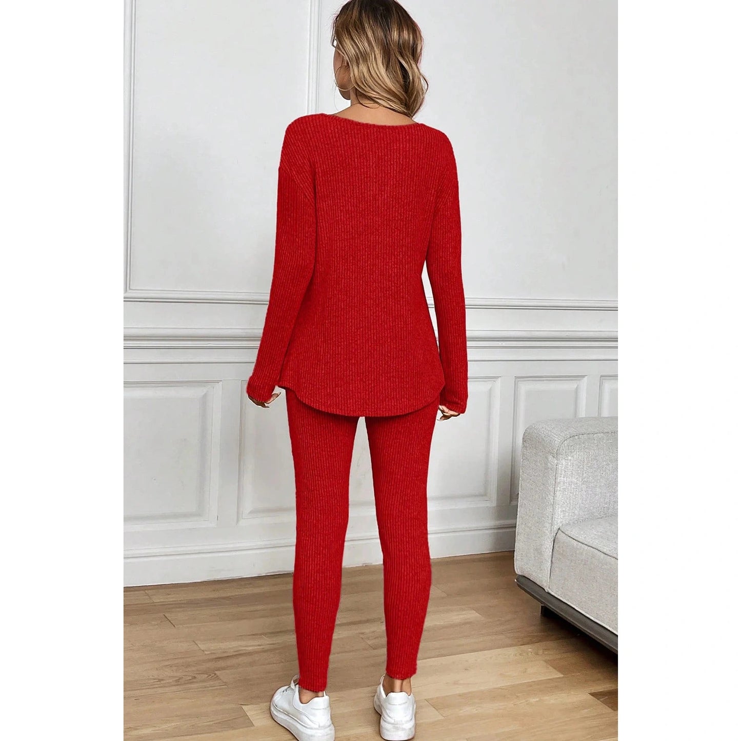 Kirky Red Ribbed Notched Neck Knit Long Sleeve Leggings Two Pieces Lounge Set