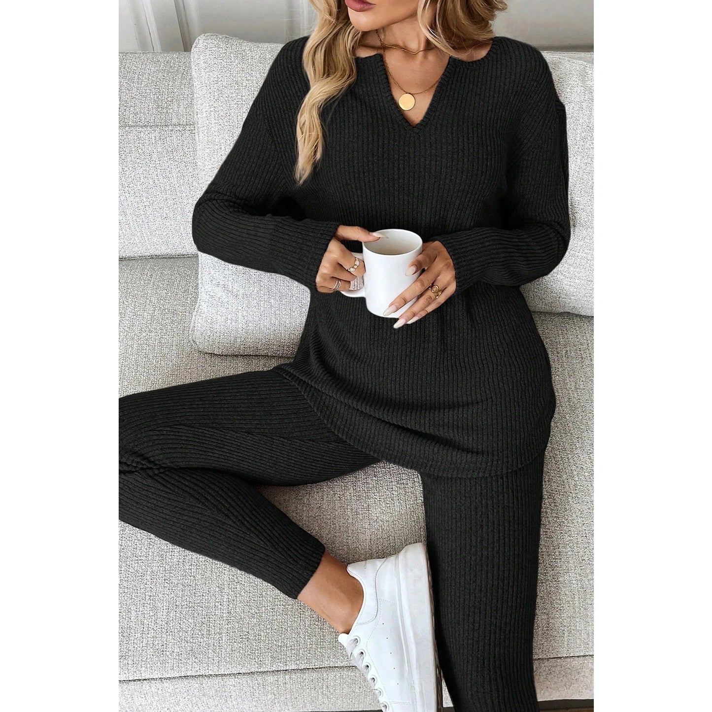 Kirky Black Ribbed Notched Neck Knit Long Sleeve Leggings Two Pieces Lounge Set