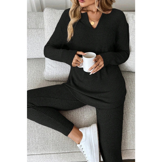 Kirky Black Ribbed Notched Neck Knit Long Sleeve Leggings Two Pieces Lounge Set