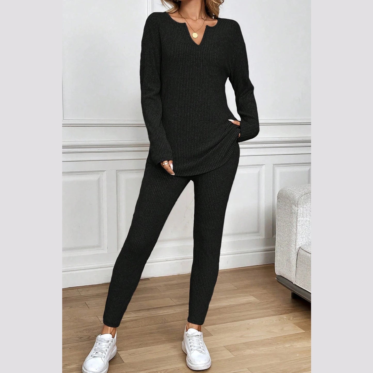 Kirky Black Ribbed Notched Neck Knit Long Sleeve Leggings Two Pieces Lounge Set