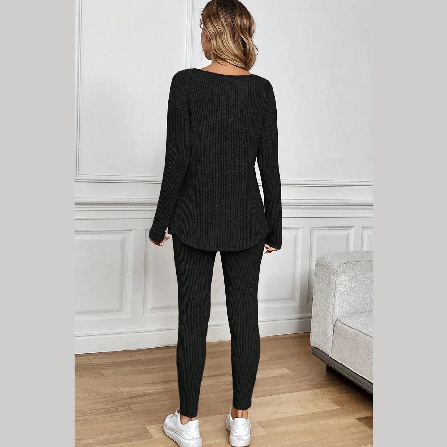 Kirky Black Ribbed Notched Neck Knit Long Sleeve Leggings Two Pieces Lounge Set