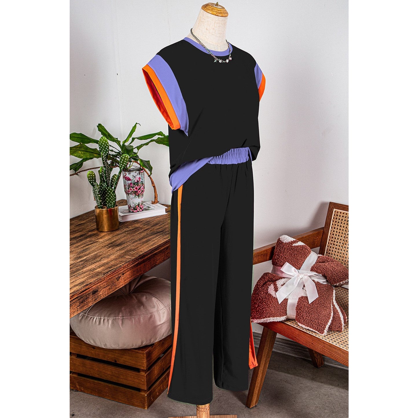 Kirsi Black Color Block Detail Casual Two-piece Set