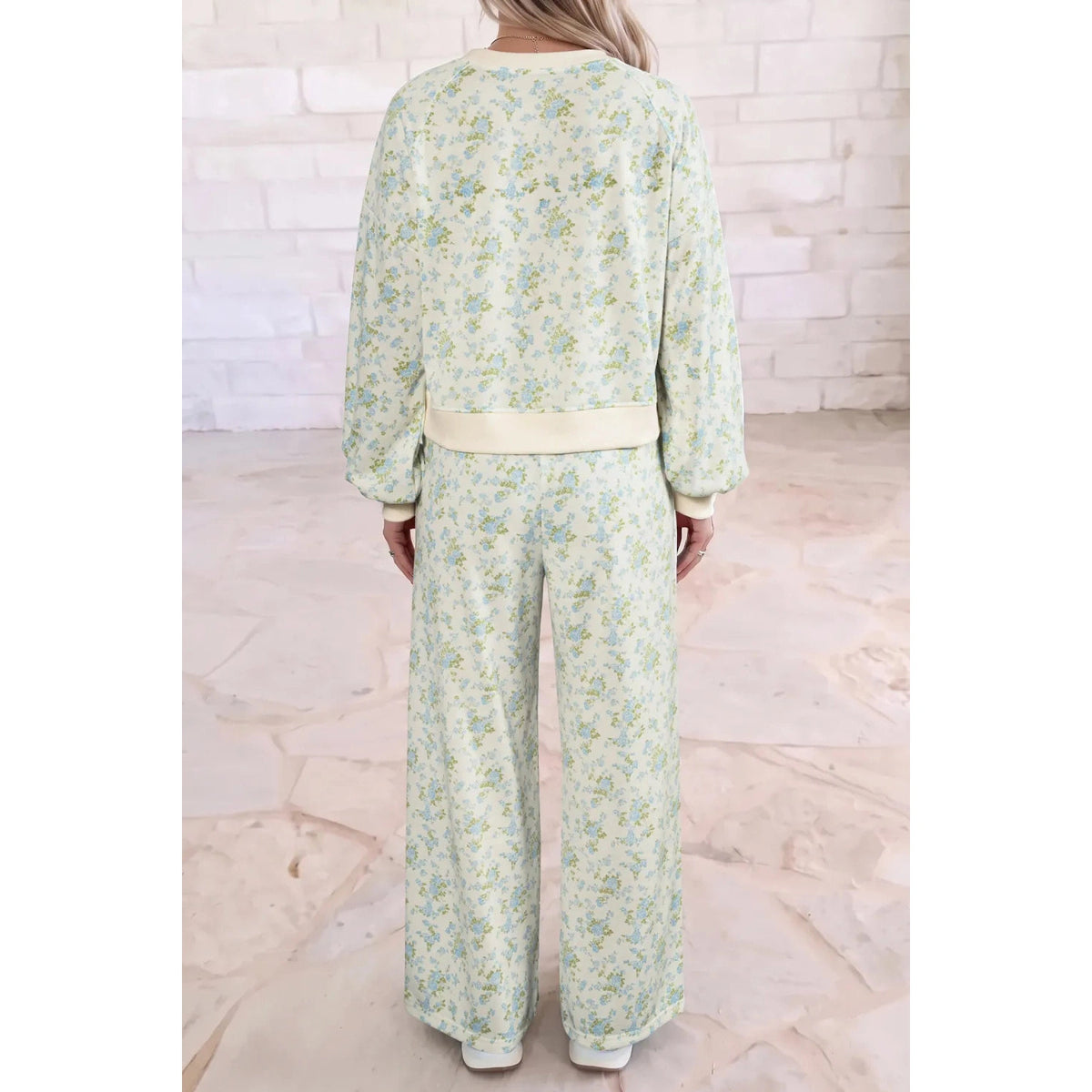 Krislyn Sky Blue Floral Print Long Sleeve Top Drawstring Wide Leg Pants Set