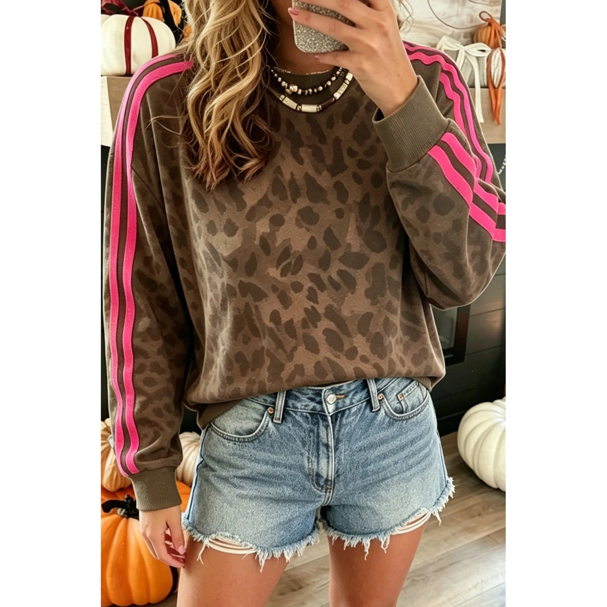 Kita Brown Leopard Print Striped Detail Relaxed Pullover Sweatshirt