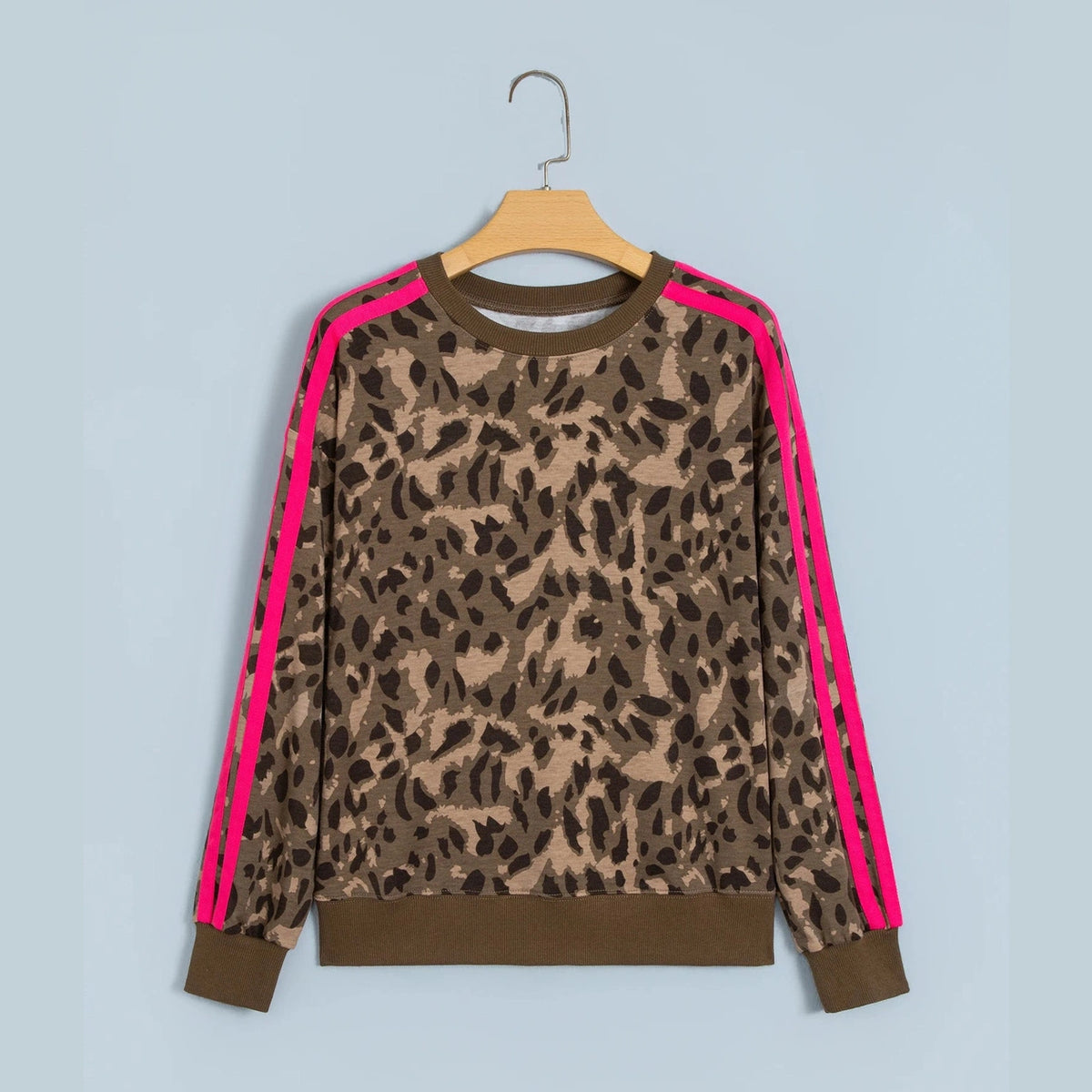 Kita Brown Leopard Print Striped Detail Relaxed Pullover Sweatshirt
