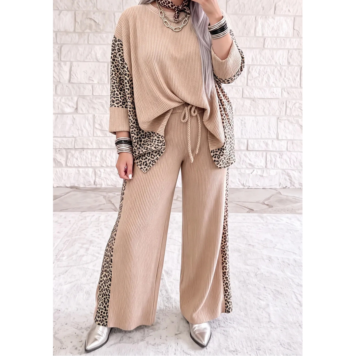 Kitt Parchment Leopard Print Twisted Ribbed Patchwork Long Sleeve Top Loose Pant Set