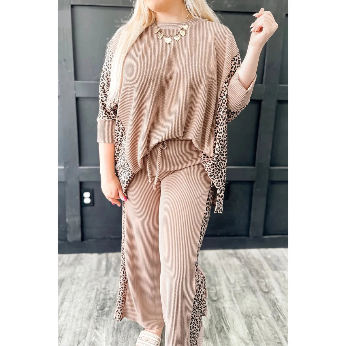 Kitt Parchment Leopard Print Twisted Ribbed Patchwork Long Sleeve Top Loose Pant Set