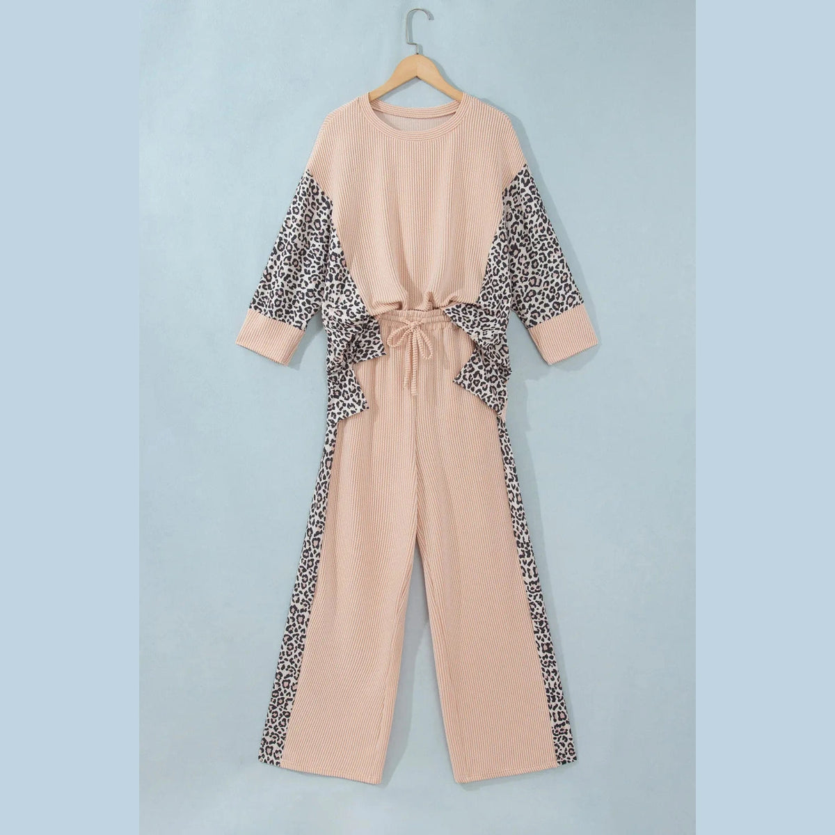 Kitt Parchment Leopard Print Twisted Ribbed Patchwork Long Sleeve Top Loose Pant Set