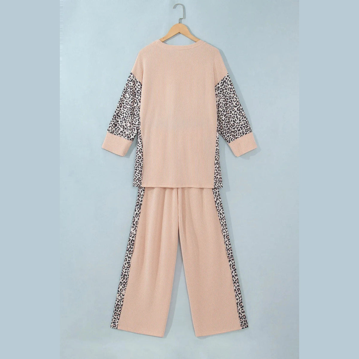 Kitt Parchment Leopard Print Twisted Ribbed Patchwork Long Sleeve Top Loose Pant Set