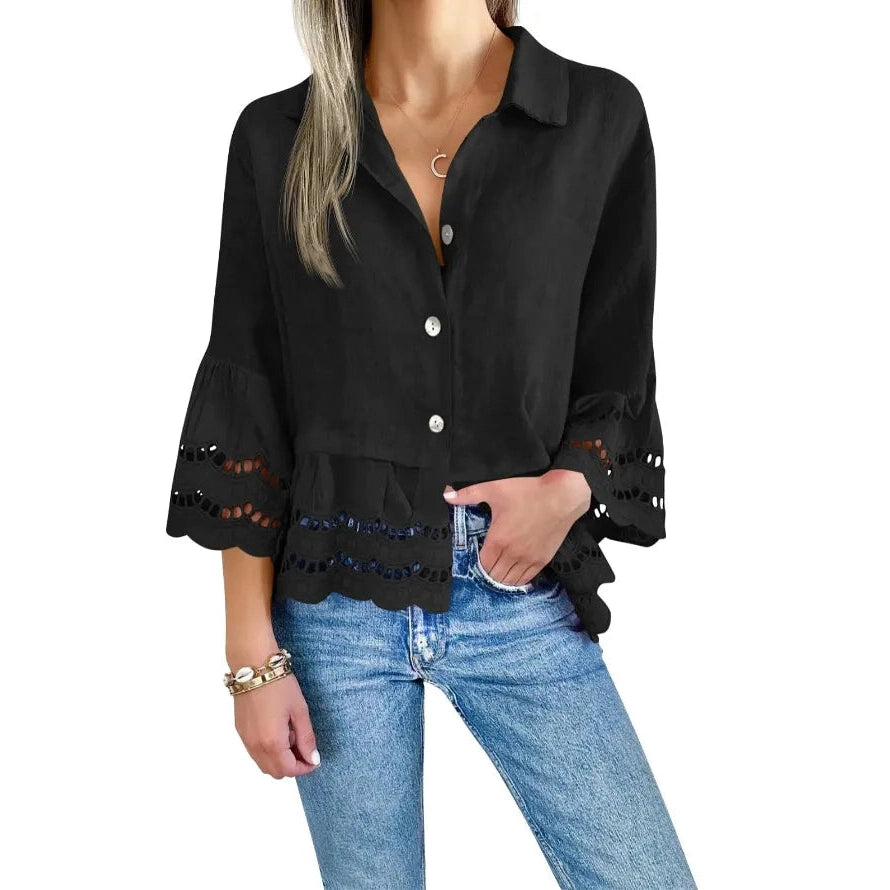 Kitta Black 3/4 Bell Sleeve Button Down Blouse