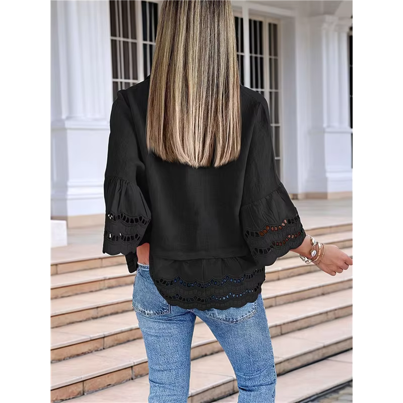 Kitta Black 3/4 Bell Sleeve Button Down Blouse
