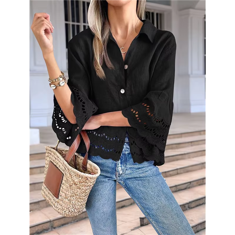 Kitta Black 3/4 Bell Sleeve Button Down Blouse