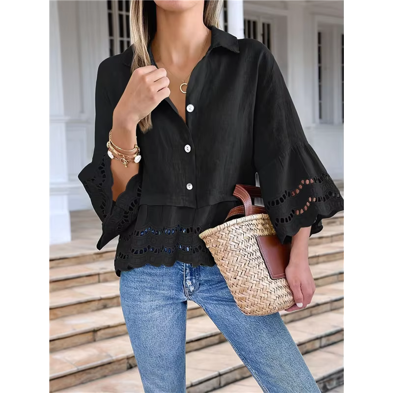 Kitta Black 3/4 Bell Sleeve Button Down Blouse