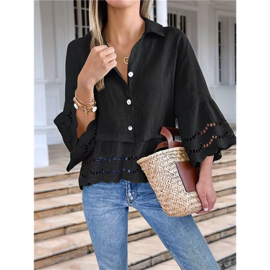 Kitta Black 3/4 Bell Sleeve Button Down Blouse