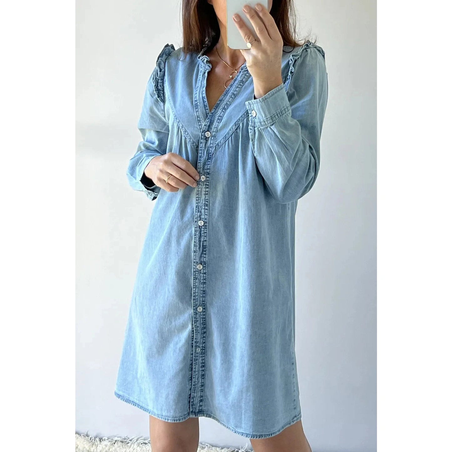 Klair Ruffled V Neck Buttoned Shift Denim Dress