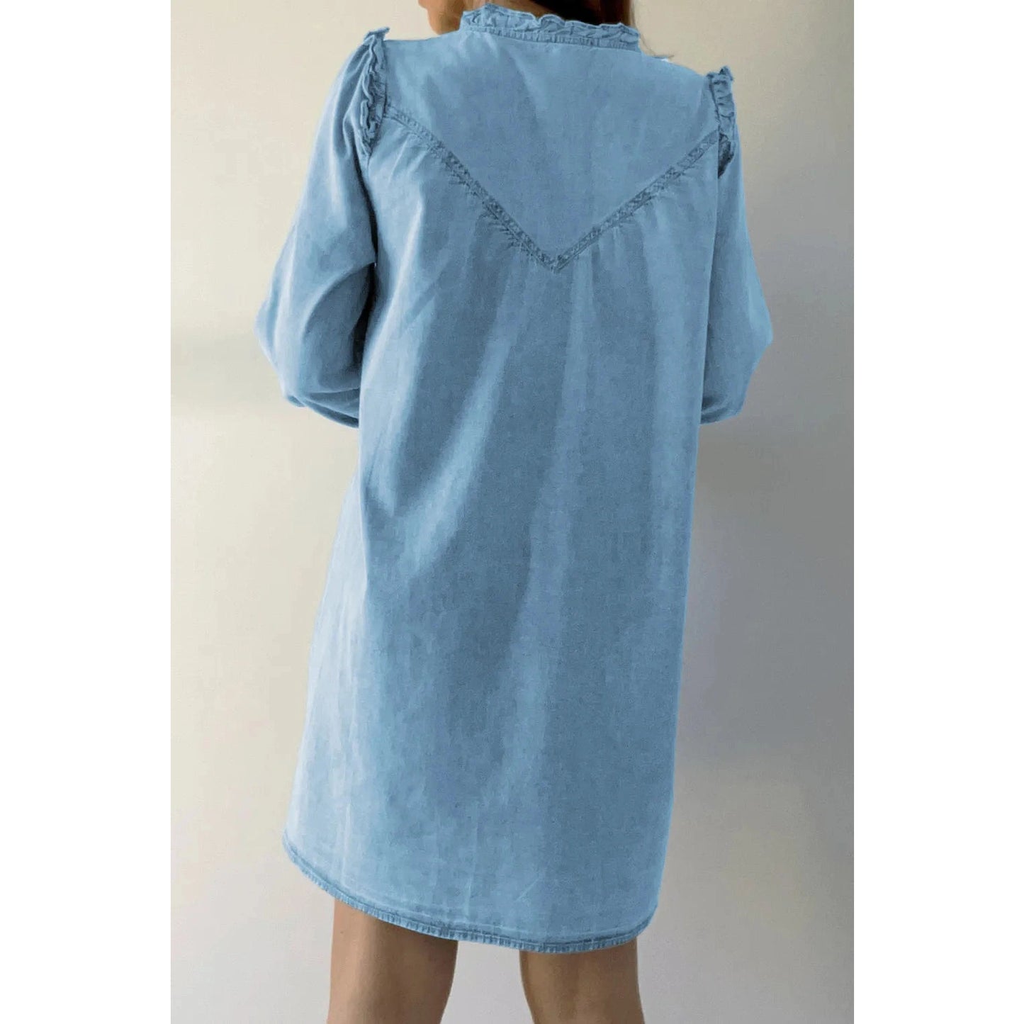 Klair Ruffled V Neck Buttoned Shift Denim Dress