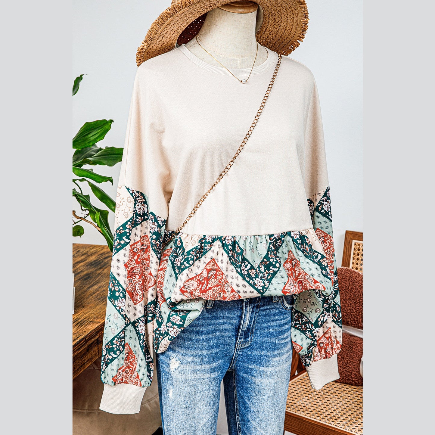 Klaudia Paisley Geometric Patchwork Crew Neck Loose Fit Top