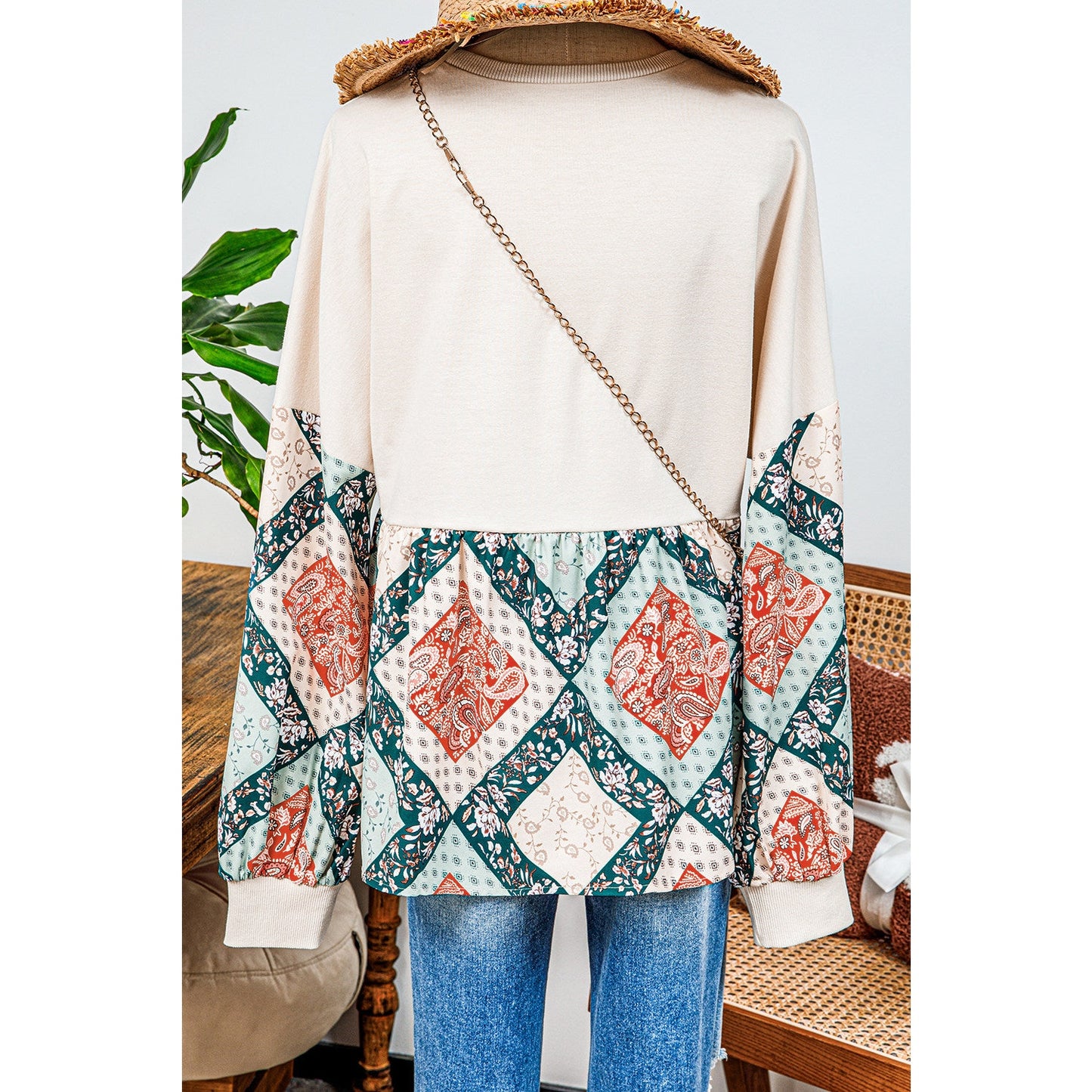 Klaudia Paisley Geometric Patchwork Crew Neck Loose Fit Top