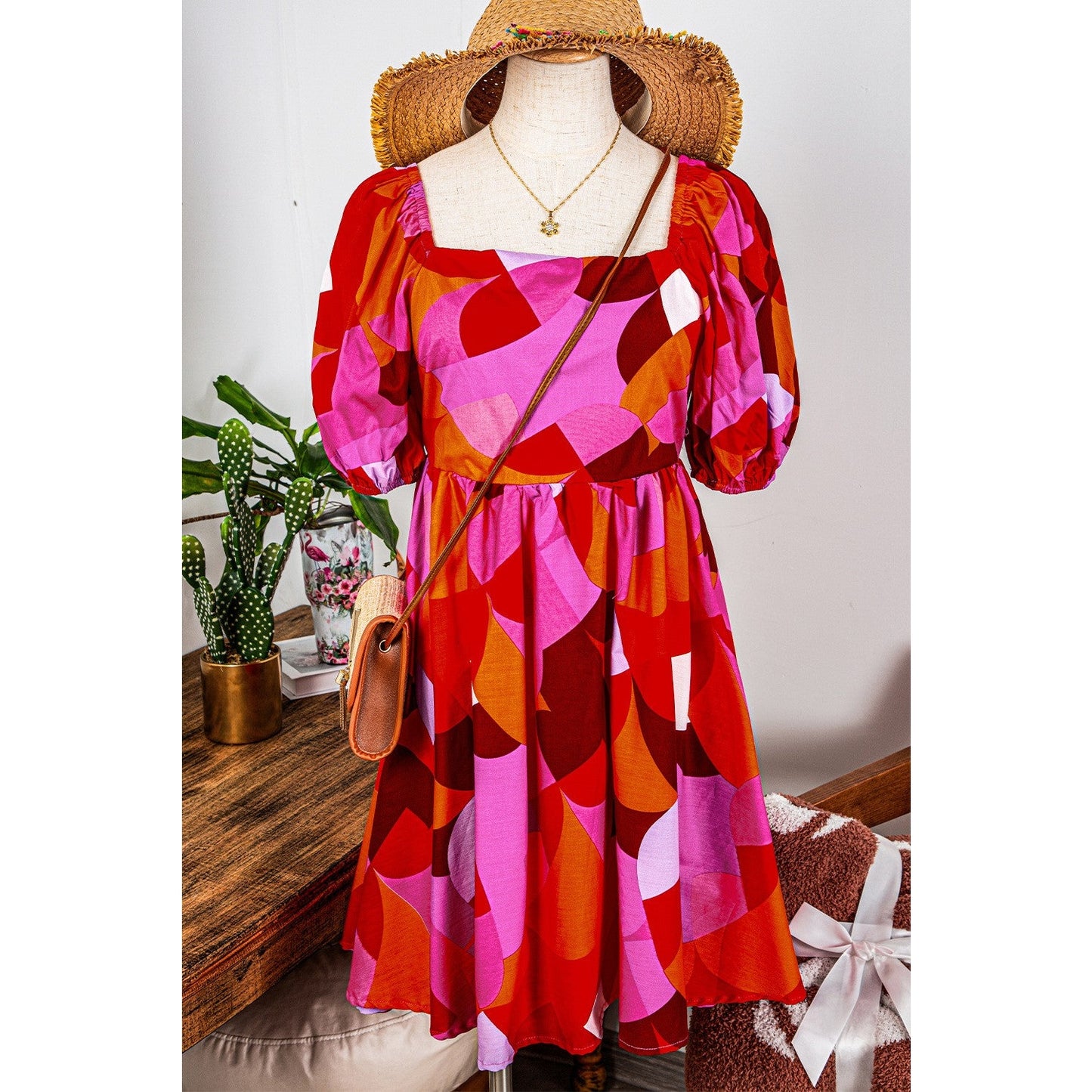 Kleo Abstract Print Square Neck Puff Sleeve Dress