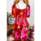 Kleo Abstract Print Square Neck Puff Sleeve Dress