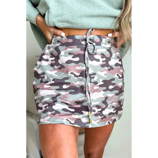 Koda Green Camouflage Print Drawstring Casual Mini Skort