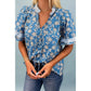 SALE!!!  Kodi Blue Floral Print Button Tie Neck Striped Detail Short Sleeve Blouse