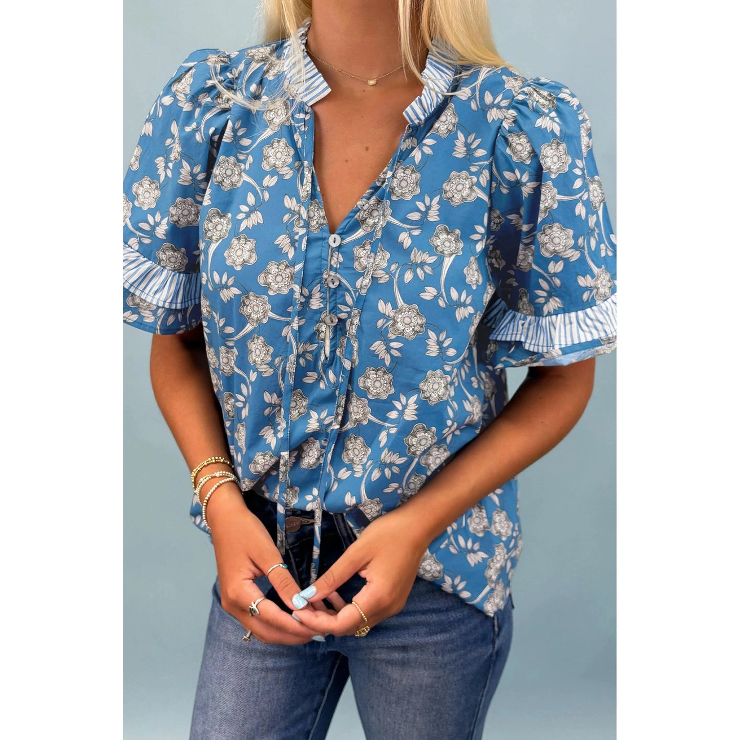 SALE!!!  Kodi Blue Floral Print Button Tie Neck Striped Detail Short Sleeve Blouse