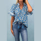 SALE!!!  Kodi Blue Floral Print Button Tie Neck Striped Detail Short Sleeve Blouse