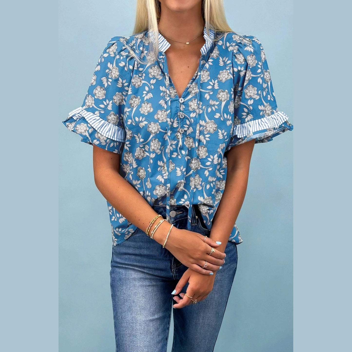 SALE!!!  Kodi Blue Floral Print Button Tie Neck Striped Detail Short Sleeve Blouse