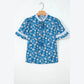 SALE!!!  Kodi Blue Floral Print Button Tie Neck Striped Detail Short Sleeve Blouse
