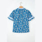 SALE!!!  Kodi Blue Floral Print Button Tie Neck Striped Detail Short Sleeve Blouse