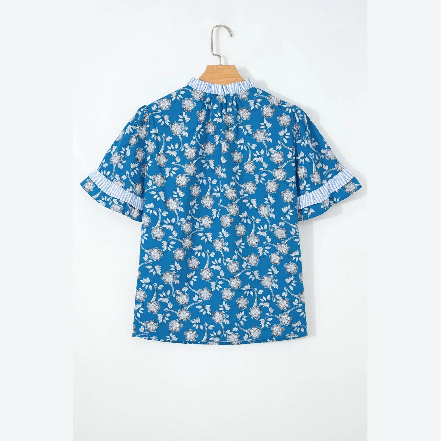 SALE!!!  Kodi Blue Floral Print Button Tie Neck Striped Detail Short Sleeve Blouse