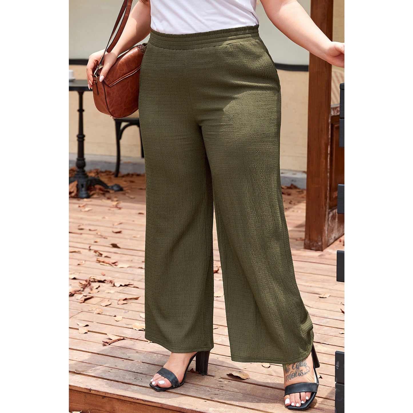 Konner Jungle Green PLUS SIZE Textured Shirred High Waist Casual Pants