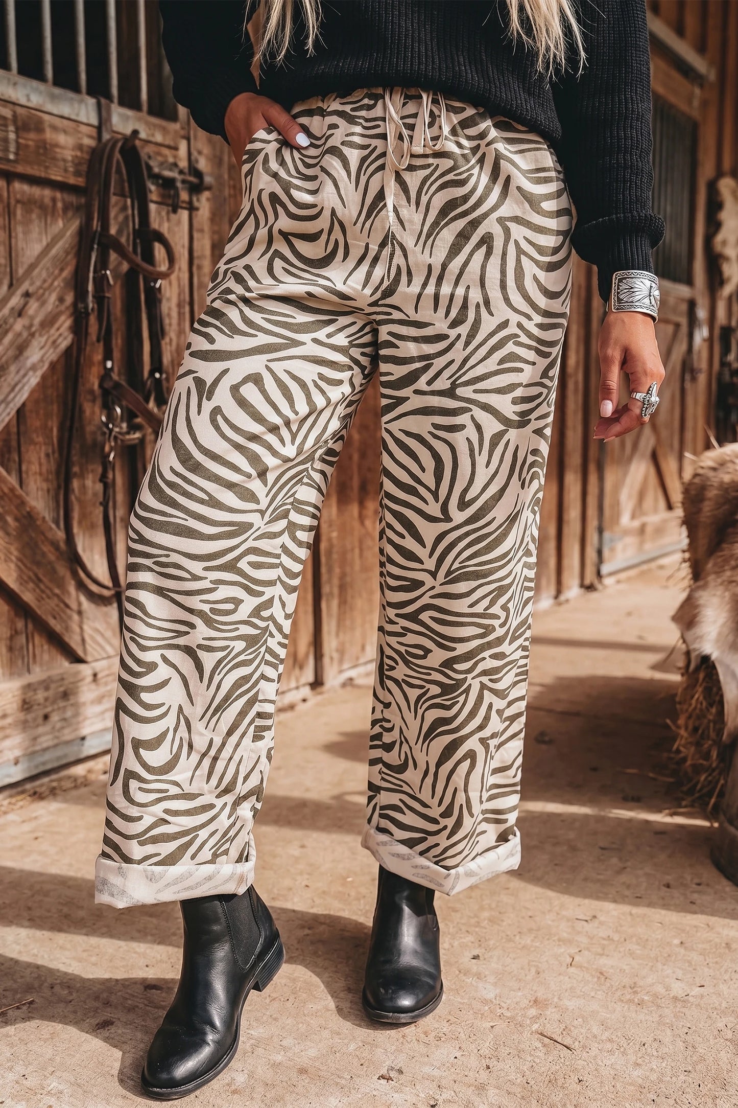 Kora Western Print Zebra Pattern Elastic Waist Pocket Full-Length Pants