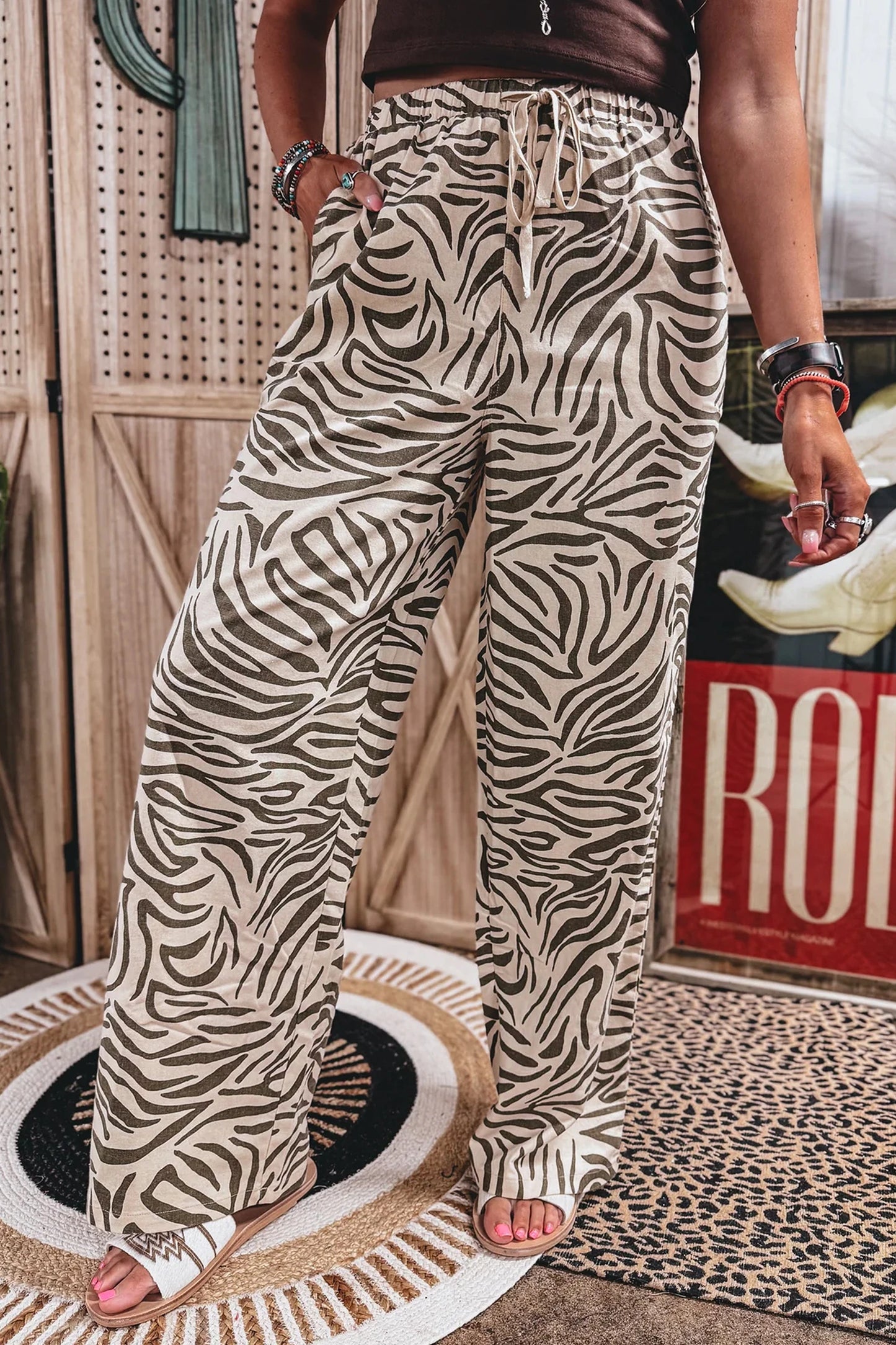 Kora Western Print Zebra Pattern Elastic Waist Pocket Full-Length Pants