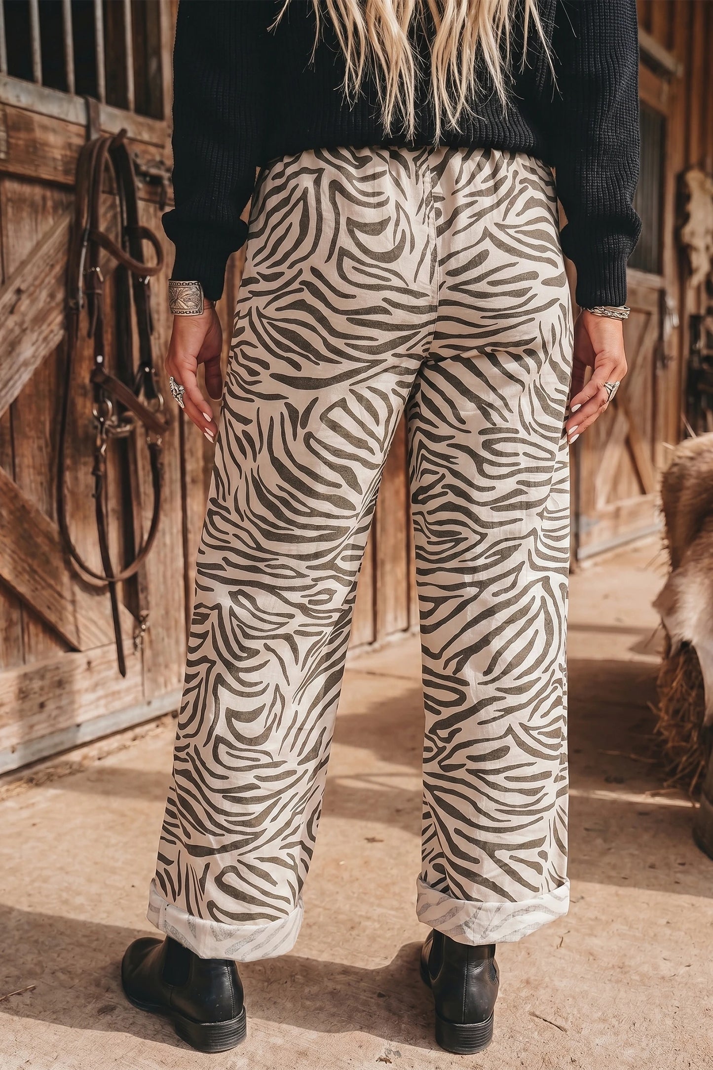 Kora Western Print Zebra Pattern Elastic Waist Pocket Full-Length Pants