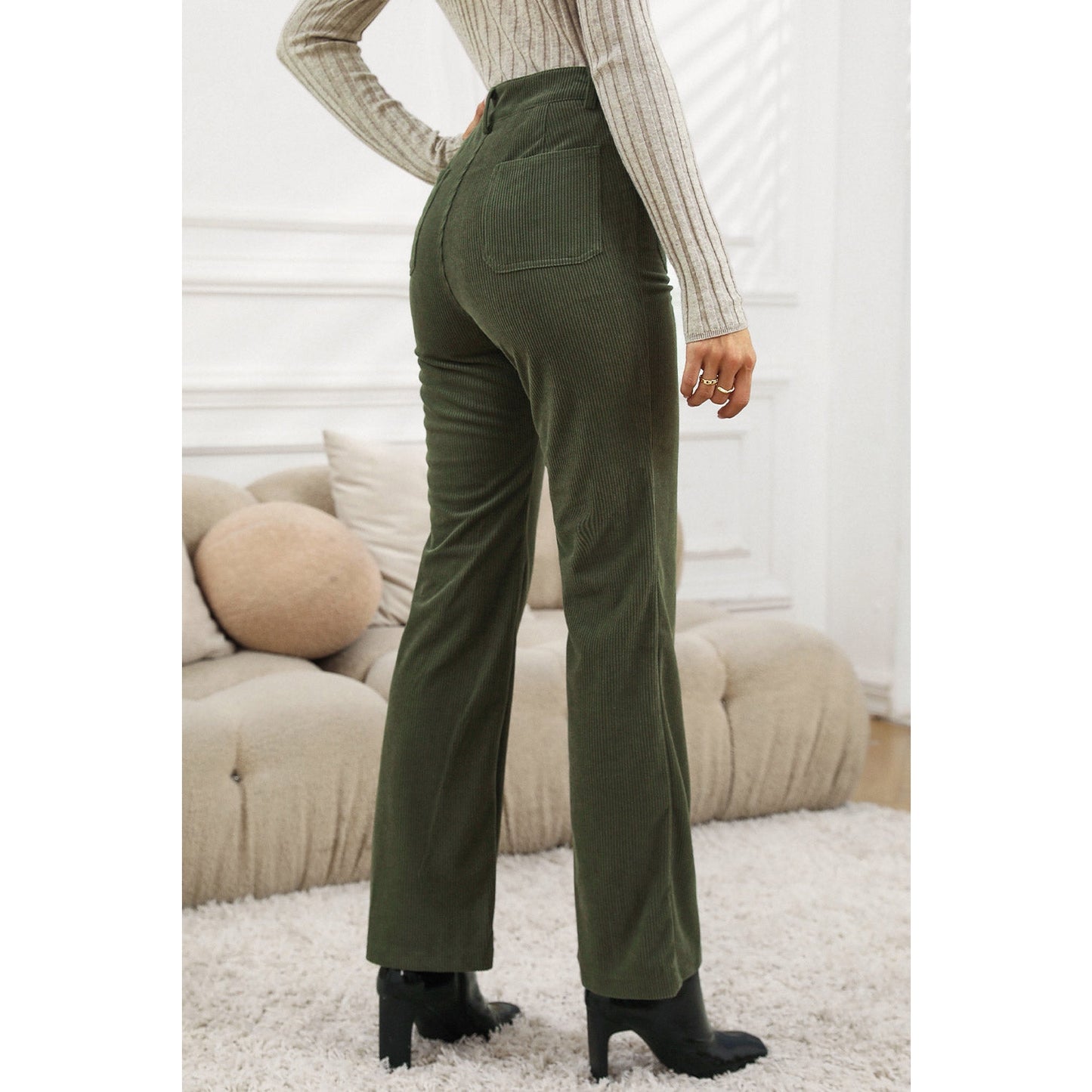 Korban Green High Waist Square Pockets Corduroy Pants