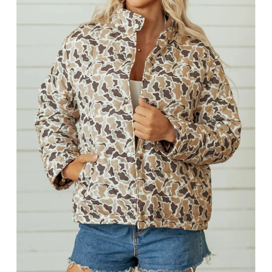 Kortni Camouflage Quilted Metal Button Collar Long Sleeve Puffer Coat