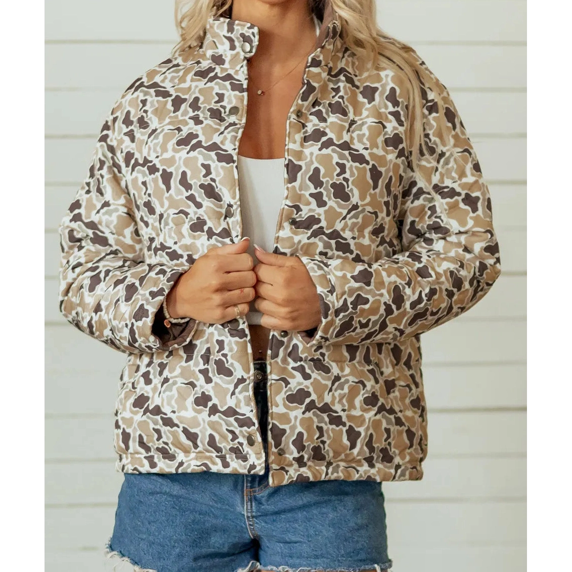 Kortni Camouflage Quilted Metal Button Collar Long Sleeve Puffer Coat