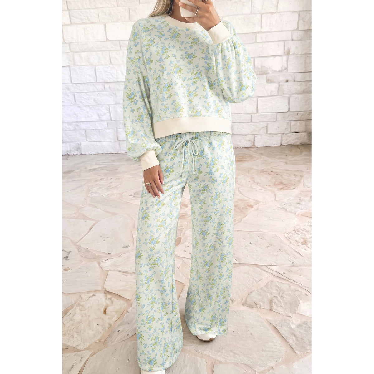 Krislyn Sky Blue Floral Print Long Sleeve Top Drawstring Wide Leg Pants Set