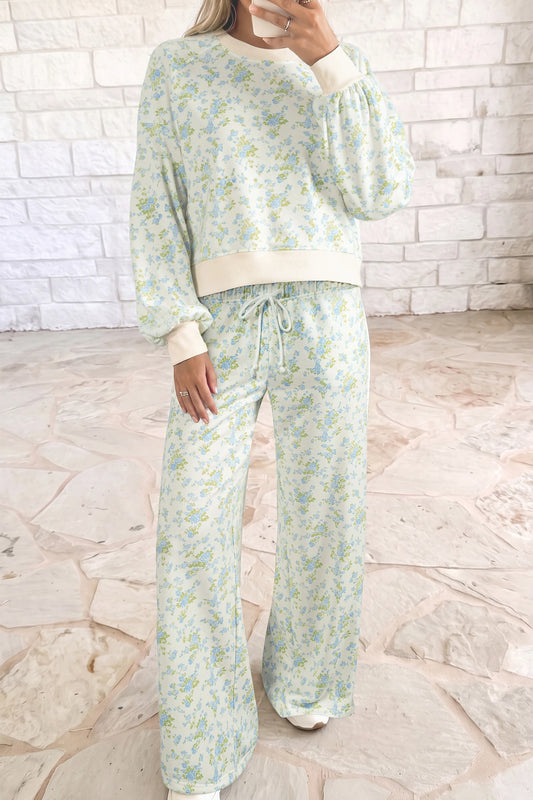 Krislyn Sky Blue Floral Print Long Sleeve Top Drawstring Wide Leg Pants Set