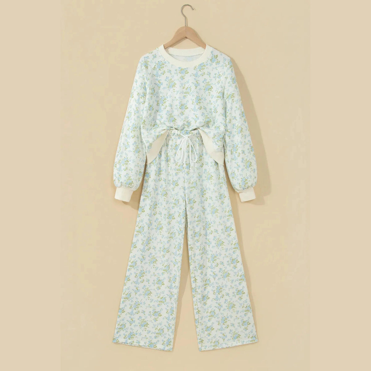 Krislyn Sky Blue Floral Print Long Sleeve Top Drawstring Wide Leg Pants Set