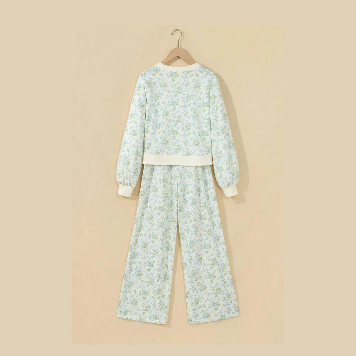 Krislyn Sky Blue Floral Print Long Sleeve Top Drawstring Wide Leg Pants Set