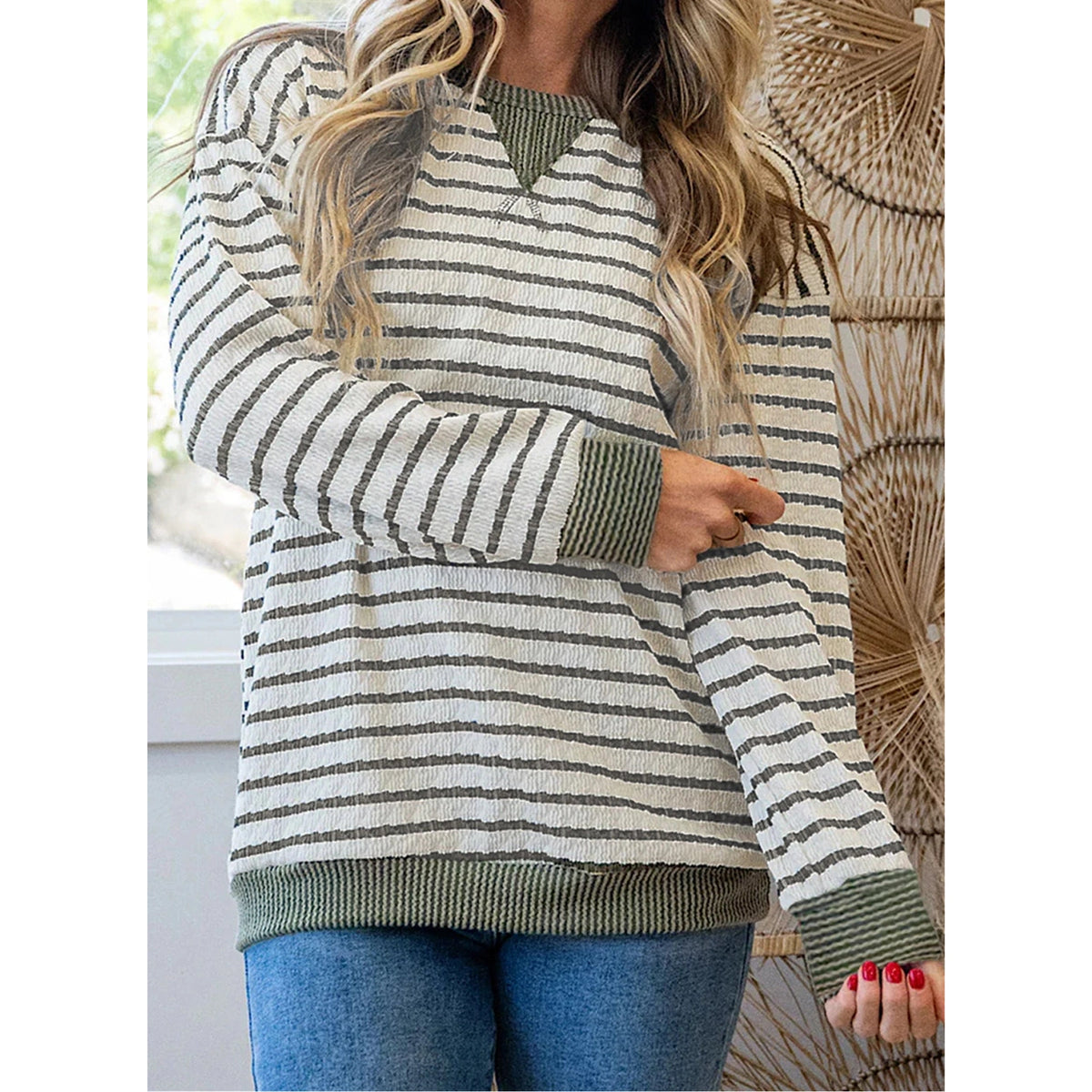 Krissa Green Stripe Twisted Ribbed Patchwork Textured Long Sleeve Top