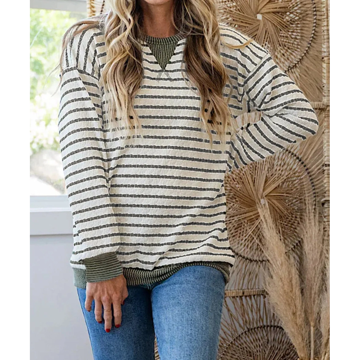 Krissa Green Stripe Twisted Ribbed Patchwork Textured Long Sleeve Top