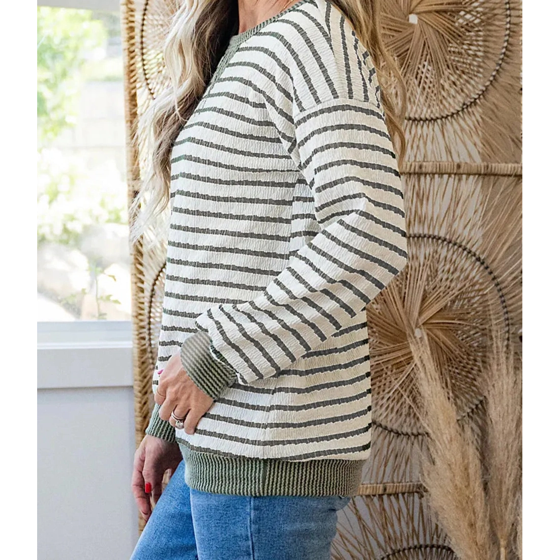 Krissa Green Stripe Twisted Ribbed Patchwork Textured Long Sleeve Top