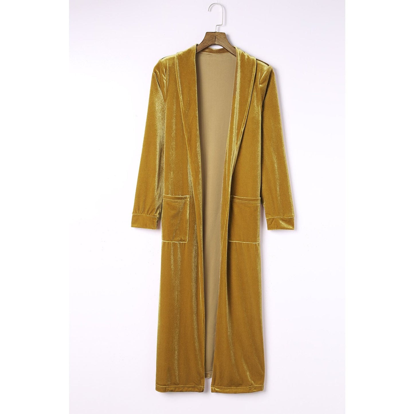 Krista Gold Velvet Open Front Pocketed Long Duster