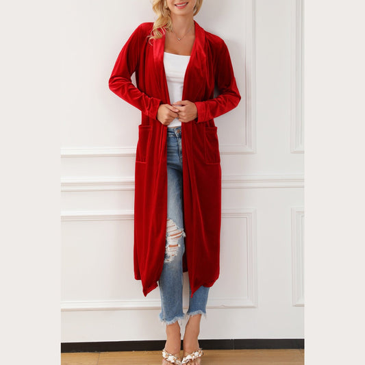 Krista Red Velvet Open Front Pocketed Long Duster