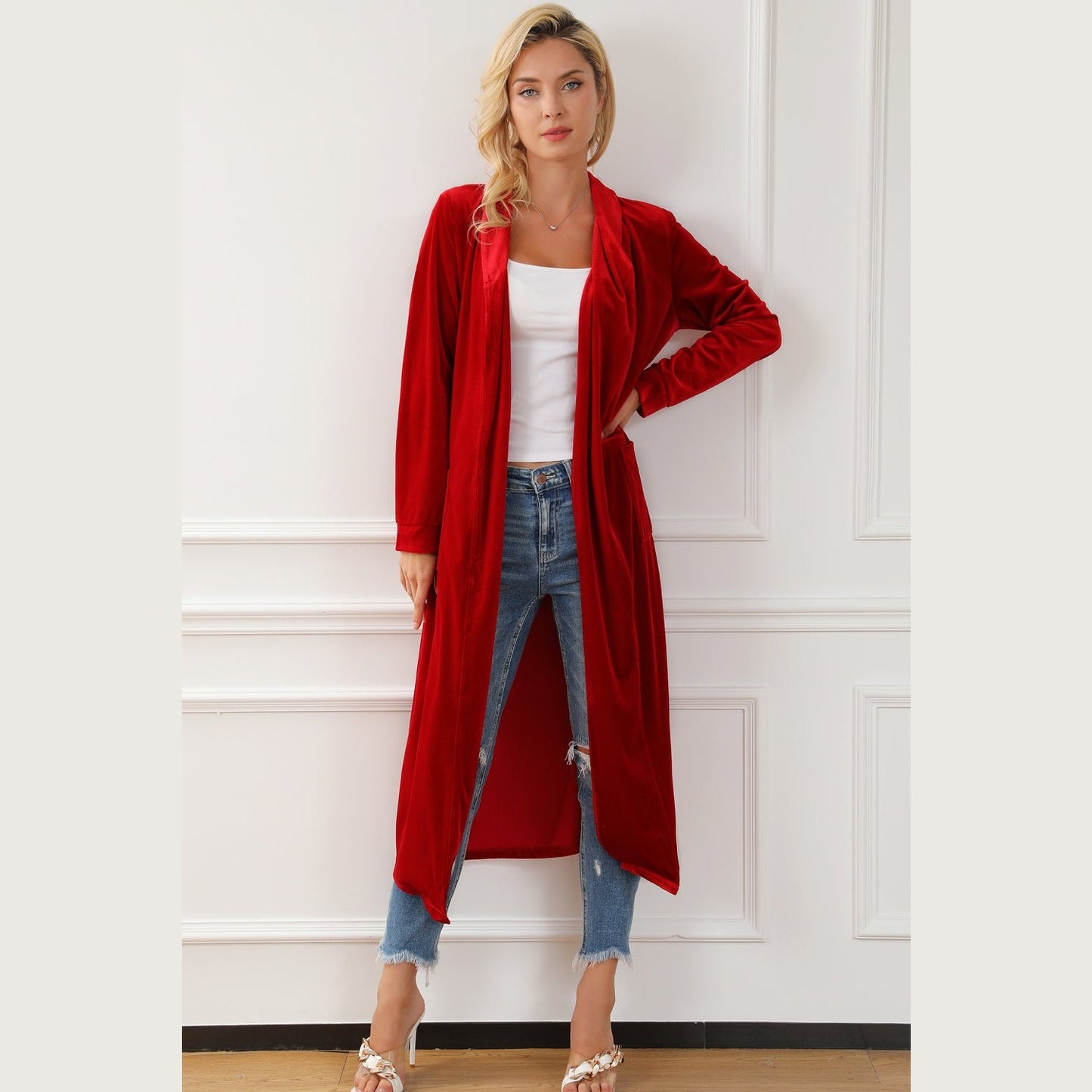 Krista Red Velvet Open Front Pocketed Long Duster